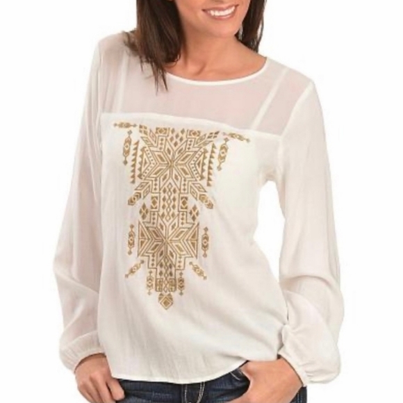 Ariat Tops - ARIAT Eola Snow White Chiffon Panel Tribal Motif Embroidered Long Sleeved Top L